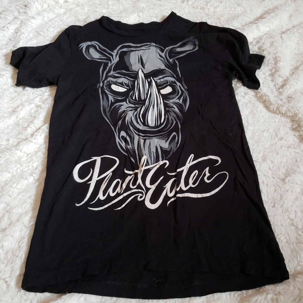 Compassion(written On Back) Plant Eater Rhino(graphic) Short Sleeve Tshirt Black